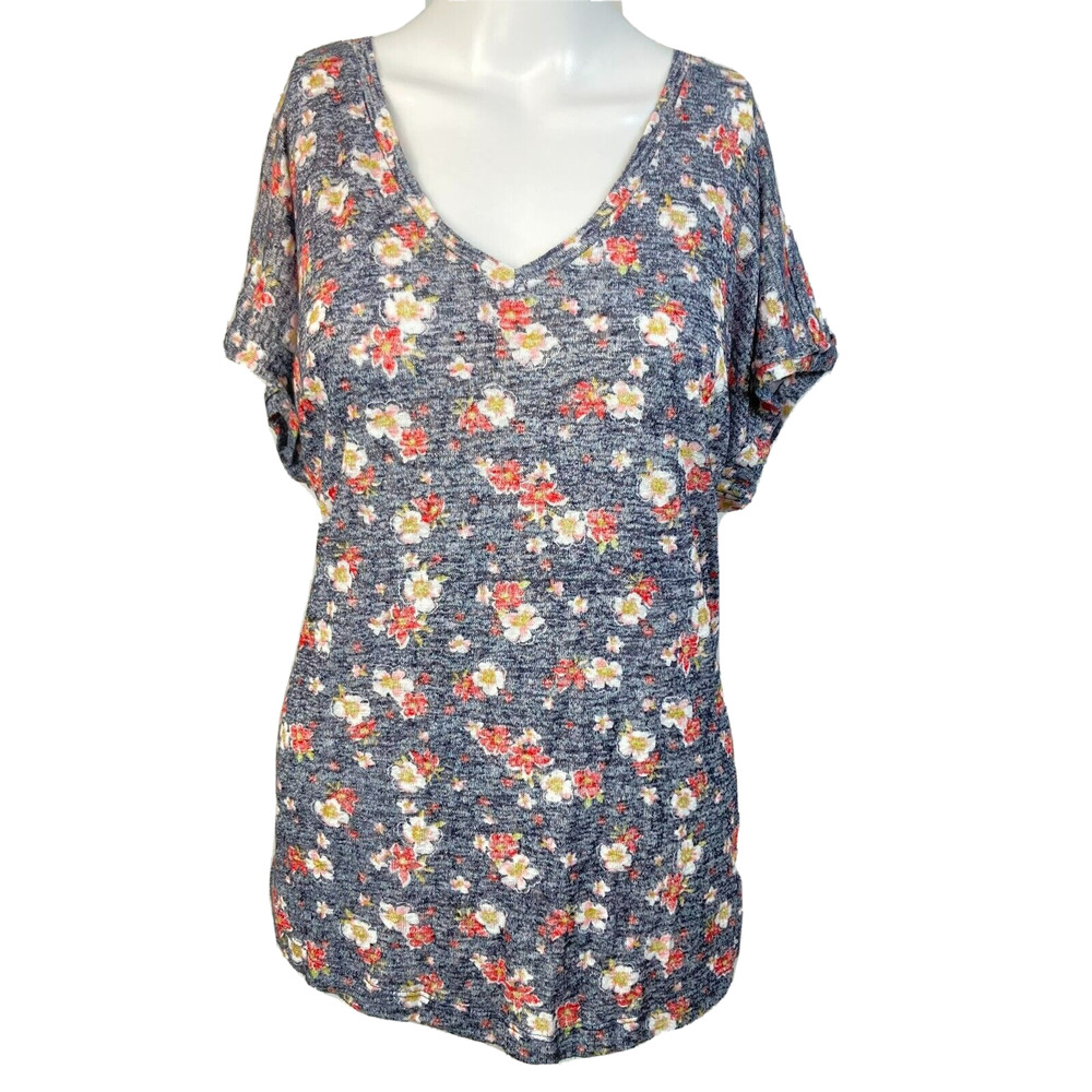 Bobeau Shirt‎ Womens Sz XL Navy Blue Red Floral Short Sleeve V Neck Lightweight